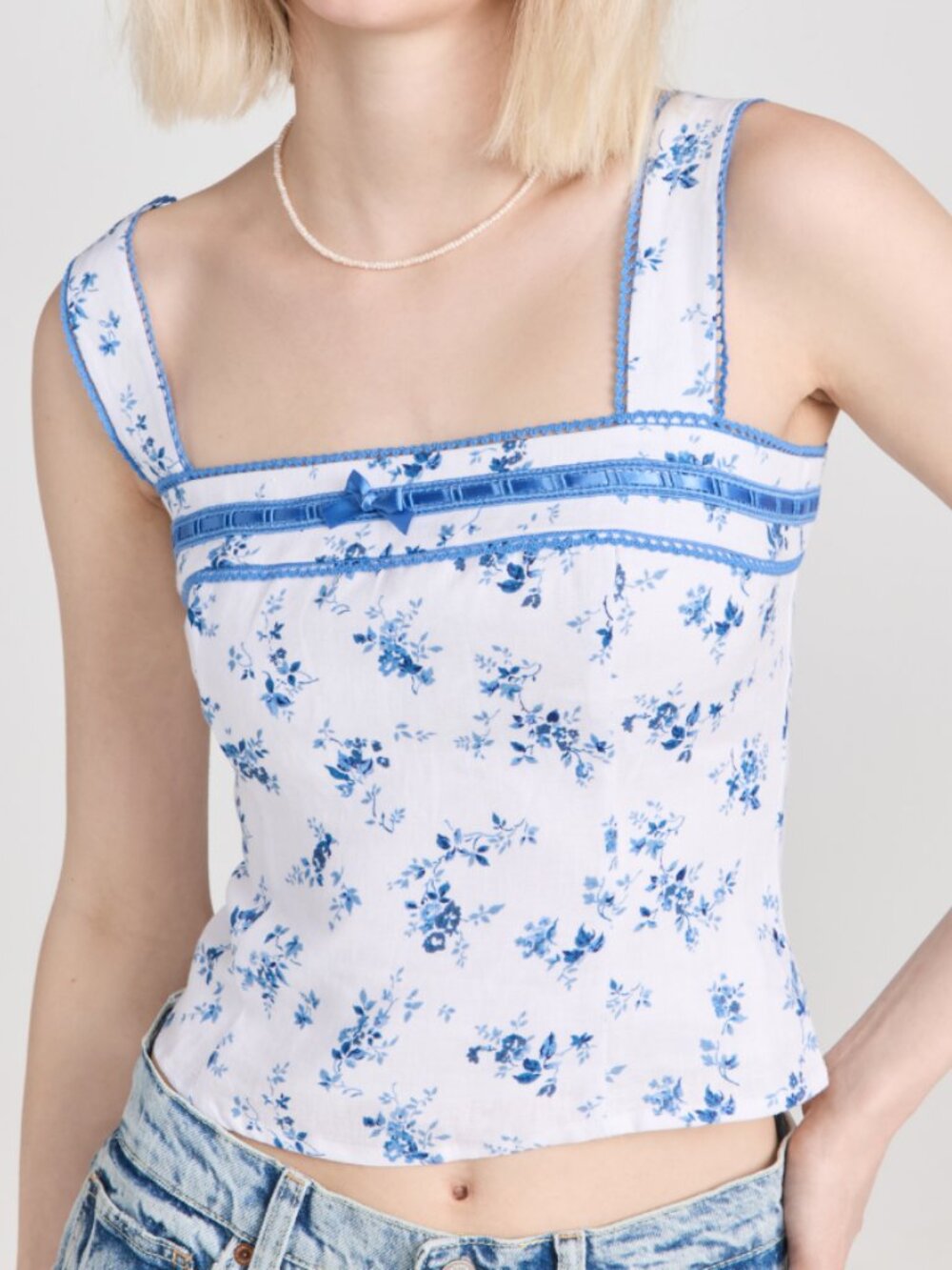 Reformation Eloise Linen Top Floral Camisole White & Blue Size 12